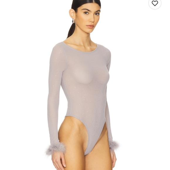 More to Come Grey Sparkle Mesh Feather Cuff Bodysuit - NWT - Size small - Picture 3 of 5